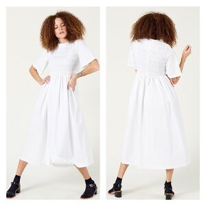 SANDY LIANG Dress White Smocked Poplin Midi A-Line Size XS Classic Cotton EUC